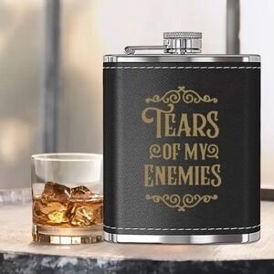 Black Flask with Gold Text